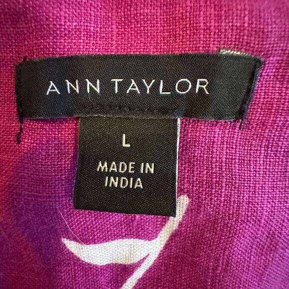 Ann Taylor Floral Linen Framed Popover Short Rolled Sleeve Pink Magenta Large - Picture 5 of 6